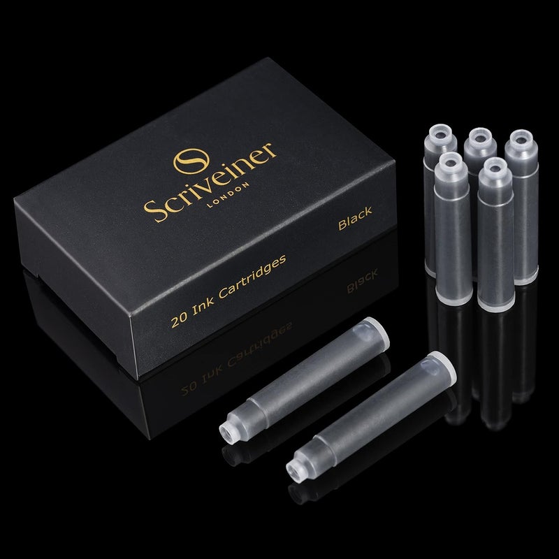 Scriveiner Fountain Pen Ink Cartridges - Black - 20 Standard International, Made in UK, The Best Cartridge for Your Pen, Refill Size Fits A Wide Range of Fountain Pens - Image 1